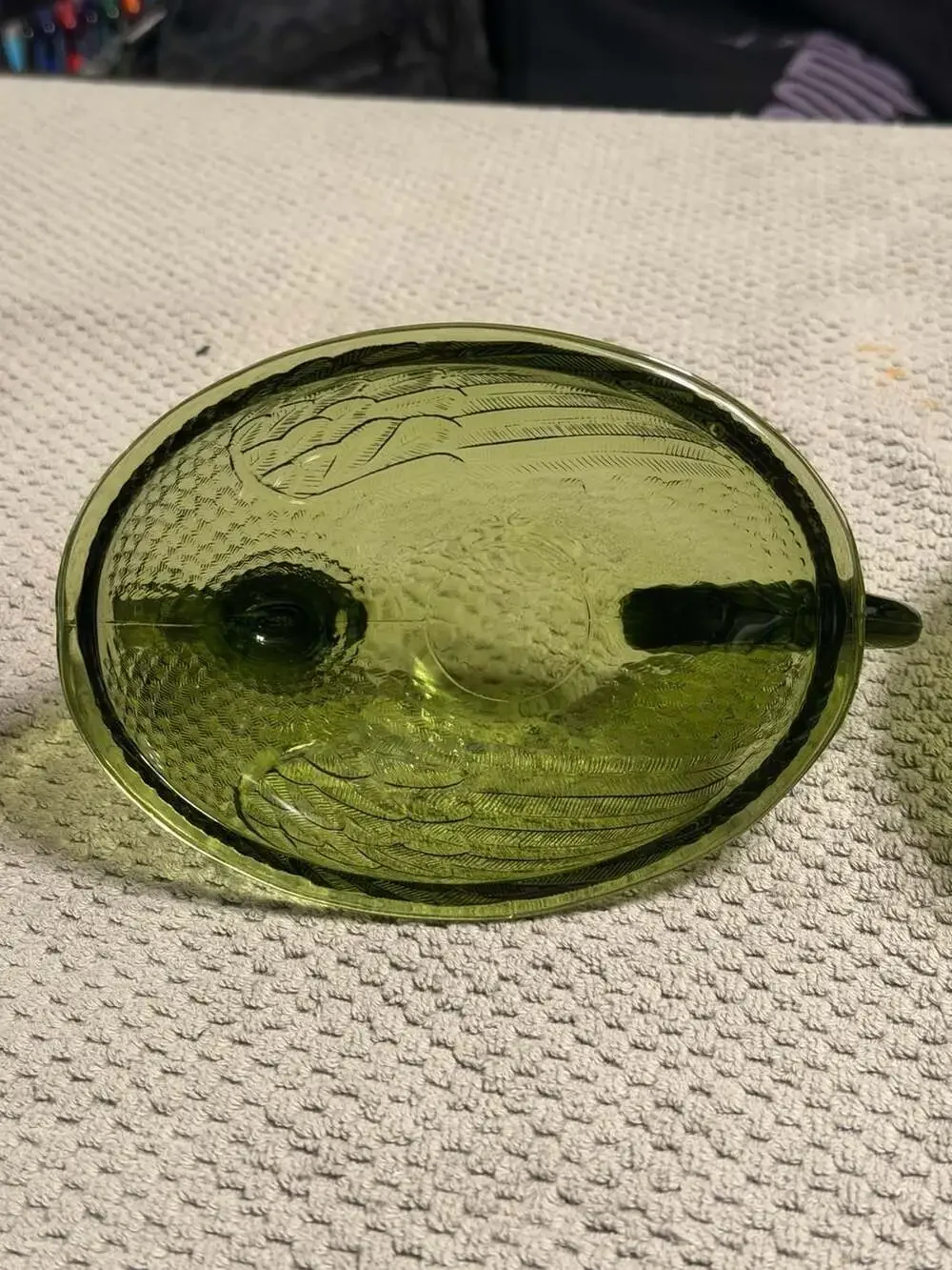 Vintage Indiana Green Glass Hen on Nest Dish w/ Lid Oval Beaded Base